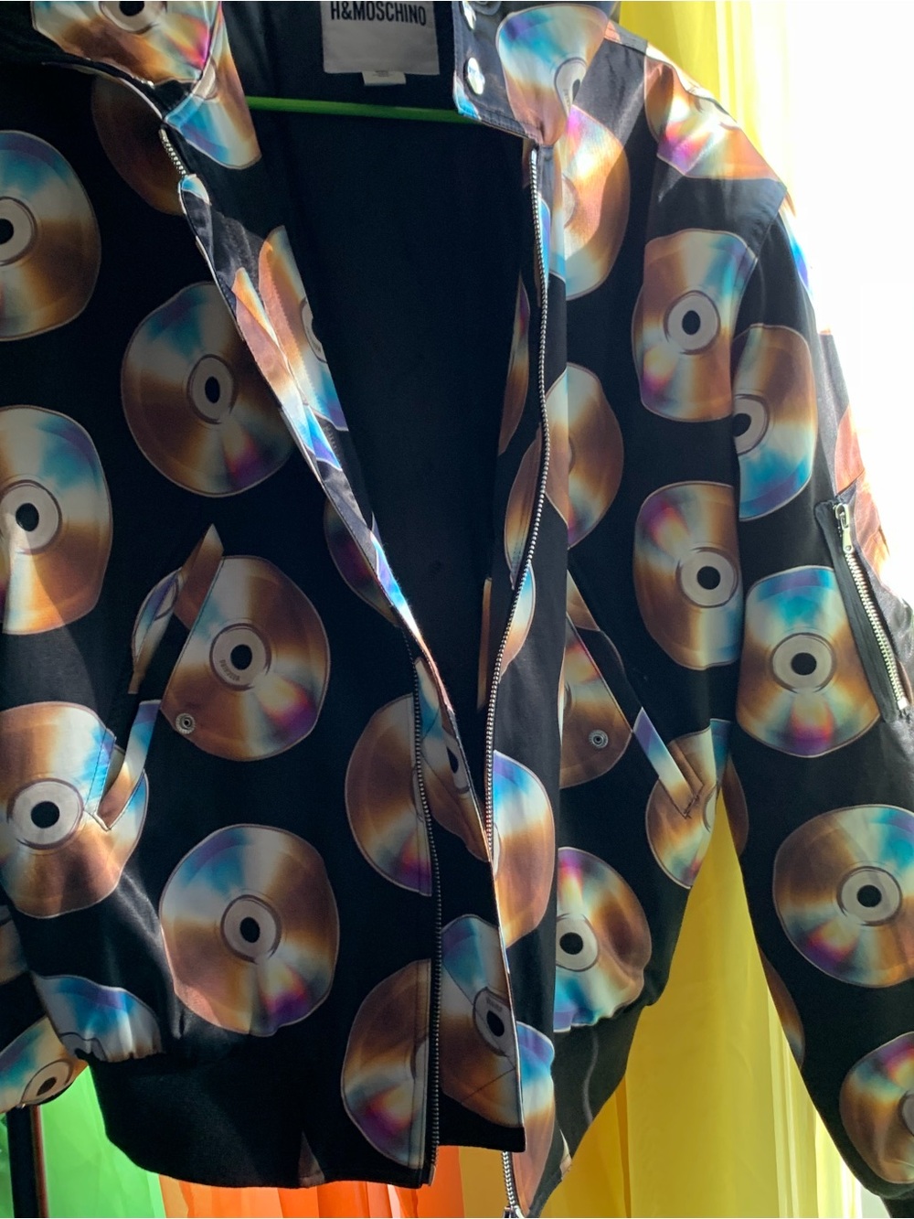 H&M x Moschino Black Jacket with Iridescent Rainbow Discs